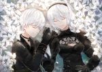  1boy 1girl android artist_name black_dress breasts buckle choker cleavage cleavage_cutout closed_eyes dress eyelashes feather-trimmed_sleeves flower gloves hand_holding juliet_sleeves light_particles long_sleeves lunar_tear lying mole mole_under_mouth nier_(series) nier_automata on_back pale_skin petals puffy_sleeves short_hair smile water white_flower white_hair yorha_no._2_type_b yorha_no._9_type_s 