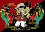 1girl ascot black_background blonde_hair character_name crazy_eyes flandre_scarlet frown full_body half-closed_eye hat hat_ribbon laevatein_(tail) long_ponytail looking_at_viewer mob_cap monster_girl raised_eyebrow red_background red_eyes ribbon see-through side_ponytail solo tail thighs touhou two-tone_background wide_hips yt_(wai-tei) 