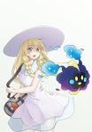  1girl bag bangs blonde_hair blunt_bangs braid cosmog dress duffel_bag green_eyes hat kirou_(kiruyuu1210) lillie_(pokemon) long_hair open_mouth pokemon pokemon_(creature) pokemon_(game) pokemon_sm sleeveless sleeveless_dress sun_hat twin_braids white_dress white_hat 