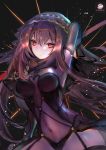  1girl armor bangs bodysuit breasts covered_navel dual_wielding fate/grand_order fate_(series) gae_bolg hair_between_eyes holding holding_weapon jewelry large_breasts long_hair looking_at_viewer mirutu mirutulove pauldrons polearm purple_bodysuit purple_hair red_eyes scathach_(fate/grand_order) shoulder_armor smile solo weapon 