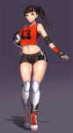  1girl bangs black_hair clothes_writing elbow_pads fingerless_gloves full_body gloves kashi_kosugi knee_pads long_hair looking_at_viewer midriff navel ponytail real_life sabina_altynbekova shorts smile solo sportswear standing volleyball volleyball_uniform 