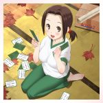  1girl autumn_leaves barefoot blush box brown_eyes brown_hair card chihayafuru forehead green_pants gym_uniform highres holding holding_card indoors iroha_karuta kneeling leaf looking_at_viewer ooe_kanade open_mouth pants salamander_(team_7th) scroll shadow shirt short_twintails solo t-shirt tatami twintails white_shirt 