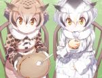  2girls :| blonde_hair brown_coat brown_hair buttons chair closed_mouth coat collar curry curry_rice day dish eurasian_eagle_owl_(kemono_friends) expressionless eyebrows_visible_through_hair eyelashes food food_on_face fur_collar gloves gradient_hair grass grey_coat grey_hair hair_between_eyes head_wings holding holding_spoon kemono_friends large_buttons light_brown_hair long_sleeves looking_at_viewer mochi444420 multicolored multicolored_clothes multicolored_coat multicolored_hair multiple_girls northern_white-faced_owl_(kemono_friends) orange_eyes outdoors rice rice_on_face sitting smile spoon spoon_in_mouth tsurime white_coat white_gloves white_hair wings wooden_chair yellow_eyes 