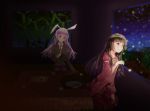  2girls animal_ears bamboo bamboo_forest bamboo_print black_hair blazer choko_(cup) cup forest hand_on_own_chest houraisan_kaguya indoors jacket lavender_hair light_particles long_hair long_sleeves looking_at_another looking_out_window looking_to_the_side looking_up moonlight multiple_girls nature necktie night pink_shirt plate rabbit_ears red_eyes red_necktie red_skirt reisen_udongein_inaba shirt shooting_star sitting skirt sky star_(sky) starry_sky table takigawa_rita touhou window 
