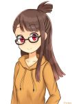  1girl blush brown_hair eyebrows_visible_through_hair glasses highres hood hoodie kagari_atsuko little_witch_academia long_hair long_sleeves looking_at_viewer nan0teck red_eyes smile solo 