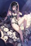  1girl absurdres anklet arm_support barefoot black_hair breasts choker cleavage dc_comics enchantress_(dc) highres jewelry long_hair o-ring_top sheep_sleep skull solo suicide_squad tattoo very_long_hair violet_eyes 