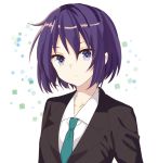  1girl aqua_necktie formal looking_at_viewer necktie original purple_hair satsuki_yuni short_hair simple_background solo suit upper_body violet_eyes 