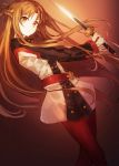  &gt;:( 1girl asuna_(sao) bangs belt brown_eyes brown_hair closed_mouth cowboy_shot dress from_side half_updo holding holding_sword holding_weapon long_hair long_sleeves looking_at_viewer looking_to_the_side pantyhose parted_bangs red_legwear ryokucha_manma serious sidelocks solo sword sword_art_online sword_art_online_the_movie:_ordinal_scale very_long_hair weapon 