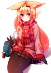  1girl absurdres animal_ears bag blonde_hair blurry can depth_of_field fox_ears fox_tail gloves hairband highres looking_at_viewer original pantyhose red_eyes scarf short_hair simple_background sitting skirt smile solo sukemyon tail v white_background 