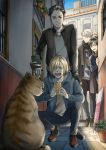  4boys alley black_hair blonde_hair blue_eyes brown_eyes building cat cellphone fingerless_gloves glasses gloves green_eyes hood hoodie katsuki_yuuri male_focus mamemomota multiple_boys open_mouth otabek_altin phone plant potted_plant scarf silver_hair smartphone smile squatting viktor_nikiforov yuri!!!_on_ice yuri_plisetsky 