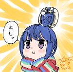  1girl blue_hair chibi fanta_(the_banana_pistols) hair_bun helmet highres portrait scarf shima_rin smile yurucamp 