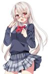  1girl :d adjusting_glasses blue_skirt blush bow glasses long_hair looking_at_viewer open_mouth original plaid plaid_skirt red_bow red_eyes satsuki_yuni school_uniform skirt smile solo standing very_long_hair white_hair 