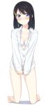  1girl absurdres apollo_(hu_maple) barefoot black_hair blue_eyes blush bra breasts closed_mouth dress_shirt highres looking_at_viewer open_clothes open_shirt original shirt solo thighs underwear white_shirt 