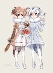  2girls black_hair blonde_hair book broccoli brown_coat brown_eyes brown_hair buttons coat collar commentary_request cookbook dish eurasian_eagle_owl_(kemono_friends) expressionless eyebrows_visible_through_hair eyelashes full_body fur-trimmed_sleeves fur_collar fur_trim grey_background grey_coat grey_hair hair_between_eyes hand_up head_wings holding holding_book holding_spoon kemono_friends light_brown_eyes light_brown_hair long_sleeves looking_at_viewer looking_down mary_janes multicolored multicolored_clothes multicolored_coat multicolored_hair multiple_girls northern_white-faced_owl_(kemono_friends) open_book pantyhose pocket reading shinoasa shoes short_hair simple_background spoon spoon_in_mouth standing tail tsurime twitter_username white_coat white_footwear white_hair white_legwear white_shoes wings 