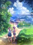  2girls aalge architecture brown_hair camisole clouds day dirt_road east_asian_architecture flower food grass ice_cream long_hair multiple_girls original revision rural sandals scenery shoes short_hair shorts skirt sky spider_lily summer twintails 