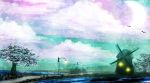  akyuun bird clouds cloudy_sky colorful grass highres landscape march no_humans original outdoors road scenery sky tree water windmill 