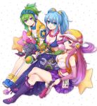  3girls alternate_costume alternate_hair_color blitzcrank blue_eyes boots breasts bubble_blowing character_doll chewing_gum cleavage game_boy green_hair gun hair_ornament hair_over_one_eye handheld_game_console hat headphones hecarim high_heels highres horn jewelry knee_pads konomoto_(knmtzzz) league_of_legends legs_crossed long_hair looking_at_viewer multiple_girls necklace open_mouth ponytail riven_(league_of_legends) sarah_fortune sitting sona_buvelle staff star star_hair_ornament star_pillow twintails veigar violet_eyes weapon 