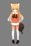  1girl animal_ears bangs black_gloves black_shoes blonde_hair bow bowtie eyebrows_visible_through_hair ezo_red_fox_(kemono_friends) fox_ears fox_tail full_body gloves gradient_hair grey_background highres jacket kemono_friends long_hair miniskirt multicolored_hair necktie orange_legwear pantyhose shoes shone simple_background skirt solo standing tail two-tone_hair white_bow white_bowtie white_hair white_legwear white_skirt yellow_eyes yellow_necktie 