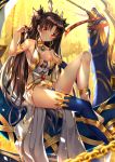  1girl anklet armlet asymmetrical_legwear barefoot blush breasts bridal_gauntlets brown_hair cleavage crown earrings fate/grand_order fate_(series) hair_ribbon highres hoop_earrings ishtar_(fate/grand_order) jewelry long_hair looking_at_viewer medium_breasts navel red_eyes ribbon shiny shiny_hair sideboob single_bridal_gauntlet single_thighhigh sitting smile solo swordsouls thigh-highs tohsaka_rin twintails two_side_up 
