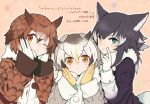  &gt;:&gt; 3girls :&gt; :| ;| animal_ears black_hair blonde_hair blue_eyes blush brown_coat brown_eyes brown_hair buttons closed_mouth coat collar commentary_request dot_nose eurasian_eagle_owl_(kemono_friends) expressionless eyebrows_visible_through_hair eyelashes finger_to_cheek fur_collar girl_sandwich gloves gradient_hair grey_coat grey_hair grey_wolf_(kemono_friends) hand_up hands_on_own_cheeks hands_on_own_face hands_up head_wings heterochromia index_finger_raised jacket kemono_friends large_buttons light_brown_eyes long_sleeves multicolored multicolored_clothes multicolored_coat multicolored_hair multiple_girls northern_white-faced_owl_(kemono_friends) one_eye_closed outline pink_background sandwiched short_hair simple_background smile star starry_background tail tareme tenhana39 translation_request tsurime two-tone_hair upper_body wavy_hair white_coat white_gloves white_hair white_outline wings wolf_ears wolf_tail yellow_eyes yellow_gloves 