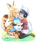  2girls ;d ^_^ ^o^ animal_ears bag bare_shoulders black_hair black_legwear blush closed_eyes elbow_gloves eyebrows_visible_through_hair full_body gloves grass happy hat hat_feather hug kaban kemono_friends lucky_beast_(kemono_friends) moca_blanc multiple_girls one_eye_closed open_mouth pantyhose seiza serval_(kemono_friends) serval_ears serval_print serval_tail shiny shiny_hair shirt shoes short_hair short_sleeves shorts simple_background sitting sleeveless smile tail teeth thigh-highs twitter_username white_background 