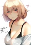  1girl bangs black_bra blonde_hair blue_eyes blush bra breasts cleavage closed_mouth from_side hair_between_eyes happy_birthday heart highres large_breasts looking_to_the_side off-shoulder_shirt original shirt smile solo tony_guisado underwear upper_body white_shirt 