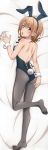  1girl animal_ears ass bare_back black_hairband black_legwear black_leotard breasts bunny_tail bunnysuit dakimakura eyebrows_visible_through_hair fake_animal_ears feet from_above hairband highres image_sample isshiki_iroha leotard looking_at_viewer looking_back lying no_shoes one_leg_raised open_mouth pantyhose rabbit_ears scan shiny shiny_clothes shiny_skin simple_background small_breasts soles solo strapless strapless_leotard tail toes wrist_cuffs yahari_ore_no_seishun_lovecome_wa_machigatteiru. yandere_sample yellow_eyes 
