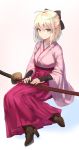  1girl ahoge ato_(haru_ato) boots brown_eyes hair_ribbon high_heels highres japanese_clothes katana kimono koha-ace looking_at_viewer pink_hair ribbon sakura_saber sheath sheathed smile solo sword weapon 