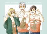  3boys blonde_hair blue_eyes brown_eyes brown_hair christmas green_eyes grin happy_birthday hat katsuki_yuuri makkachin male_focus mamemomota merry_christmas multiple_boys open_mouth santa_hat silver_hair smile sunglasses sweater viktor_nikiforov yuri!!!_on_ice yuri_plisetsky 