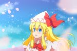  1girl :d blonde_hair blue_eyes blue_sky bow bowtie capelet cato_(monocatienus) cherry_blossoms clouds day eyebrows_visible_through_hair hat hat_bow lily_white long_hair open_mouth outdoors petals sky smile solo touhou upper_body 