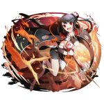  1girl black_hair black_shorts bracelet cape detached_sleeves divine_gate eyebrows_visible_through_hair feathers full_body gloves hair_ornament holding holding_sword holding_weapon jewelry long_hair looking_at_viewer official_art one_leg_raised open_mouth red_eyes shadow shorts solo sword transparent_background ucmm weapon white_gloves 