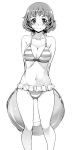  1girl arms_behind_back bangs bikini blush bob_cut breasts cleavage closed_mouth collarbone commentary greyscale highres hips holding innertube looking_at_viewer medium_breasts monochrome nagayori navel original short_hair simple_background smile solo standing striped striped_bikini swimsuit thighs 