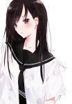  1girl artist_name bangs black_hair black_necktie blush brown_eyes eyebrows_visible_through_hair long_hair looking_at_viewer neckerchief necktie original parted_lips school_uniform short_sleeves signature simple_background solo swept_bangs tr_(kangtw123) white_background 