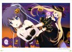  2girls absurdres black_boots black_dress black_hair black_hat black_nails blonde_hair blue_eyes blue_ribbon boots breasts cat choker cleavage comic dress finger_to_mouth floating_hair full_body hair_ribbon halloween_costume hat heterochromia high_ponytail highres holding konohana_lucia long_hair looking_at_viewer magical_girl medium_breasts multiple_girls nail_polish nakatsu_shizuru open_mouth outstretched_arm pumpkin rewrite ribbon scan short_dress sleeveless sleeveless_dress small_breasts smile strapless strapless_dress thigh_strap twintails very_long_hair witch_hat wrist_cuffs yano_akane yellow_eyes 