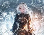  1girl back_cutout black_dress cleavage_cutout covered_eyes dress feather-trimmed_sleeves hair_over_one_eye hairband long_sleeves looking_at_viewer mole mole_under_mouth nier_(series) nier_automata no_blindfold short_hair silver_hair solo yasuno_(airy_light) yorha_no._2_type_b 