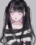  1girl bangs bare_shoulders black_hair blunt_bangs blush bnbn_1004 collarbone eyebrows_visible_through_hair fangs grey_background highres long_hair looking_at_viewer multicolored_hair off-shoulder_shirt off_shoulder open_mouth original pink_eyes shirt simple_background solo streaked_hair twintails unfinished upper_body 