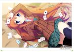  1girl absurdres bed_sheet black_legwear blue_eyes brown_jacket card eyebrows_visible_through_hair from_above from_abvo green_skirt highres holding holding_card indoors long_hair looking_at_viewer lying necktie nonaka_masayuki on_back ootori_chihaya orange_hair parted_lips pleated_skirt red_necktie rewrite ribbon scan shirt skirt solo thigh-highs very_long_hair white_ribbon white_shirt zettai_ryouiki 