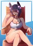  1girl armrest bikini breasts brown_eyes chair cleavage eating edwin_(cyberdark_impacts) eyepatch food glowing hair_over_one_eye headgear highres kantai_collection large_breasts legs_crossed looking_at_viewer machinery parted_lips purple_hair revision short_hair sitting smile solo swimsuit teeth tenryuu_(kantai_collection) white_bikini 