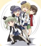  4girls anchovy anzio_school_uniform belt beret black_hair black_hat black_legwear black_neckerchief black_necktie black_shoes black_skirt blonde_hair blouse braid brown_eyes brown_hair brown_shoes caesar_(girls_und_panzer) cape carpaccio closed_mouth dress_shirt drill_hair emblem full_body girls_und_panzer green_hair green_skirt hands_on_hips hands_on_thighs hat kitayama_miuki loafers long_hair long_sleeves looking_at_viewer miniskirt multiple_girls neckerchief necktie one_eye_closed ooarai_school_uniform open_mouth pantyhose pepperoni_(girls_und_panzer) pleated_skirt pose red_eyes red_scarf scarf school_uniform serafuku shirt shoes side_braid skirt smile socks squatting standing sweatdrop twin_drills twintails wavy_mouth white_blouse white_legwear white_shirt 