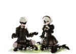  1boy 1girl android blindfold boots breasts choker cleavage cleavage_cutout dress flower gloves grass high_heel_boots high_heels juliet_sleeves kneeling legs_crossed long_sleeves mole mole_under_mouth nier_(series) nier_automata open_mouth patterned_clothing puffy_sleeves quentin_lecuiller short_hair shorts sitting smile thigh-highs white_background white_flower white_hair yorha_no._2_type_b yorha_no._9_type_s 