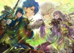  2boys 2girls bangs blue_eyes blue_hair book cape castle celice_(fire_emblem) character_request company_connection copyright_name diadora_(fire_emblem) dress fire_emblem fire_emblem:_seisen_no_keifu fire_emblem_cipher gloves hand_holding holding holding_weapon horse jewelry long_hair multiple_boys multiple_girls short_hair sigurd_(fire_emblem) suzuki_rika sword unicorn violet_eyes weapon white_hair 