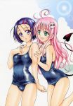  2girls :d absurdres ahoge blue_hair breasts cleavage collarbone cowboy_shot demon_tail green_eyes hair_ornament hand_on_another&#039;s_shoulder highres lala_satalin_deviluke long_hair looking_at_viewer medium_breasts multiple_girls official_art old_school_swimsuit one_leg_raised open_mouth parted_lips pink_hair sairenji_haruna short_hair sideboob smile standing tail to_love-ru_ru violet_eyes yabuki_kentarou 