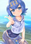 1girl blue_eyes blue_hair collarbone eyebrows_visible_through_hair hairband hand_on_own_knee head_tilt index_finger_raised kneeling looking_at_viewer niiya one-piece_swimsuit pokemon pokemon_(game) pokemon_sm shiny shiny_hair short_hair sleeveless smile solo suiren_(pokemon) swimsuit swimsuit_under_clothes water wet wet_clothes