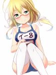 1girl blonde_hair blue_eyes book glasses i-8_(kantai_collection) kantai_collection low_twintails name_tag one-piece_swimsuit red-framed_eyewear school_swimsuit semi-rimless_glasses sitting solo swimsuit thigh-highs twintails under-rim_glasses white_legwear 