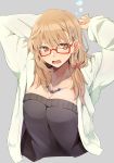  absurdres arms_up black_skirt breasts brown_hair cleavage ear_piercing glasses highres jewelry kazenoko looking_at_viewer necklace open_mouth original piercing raised_eyebrow red_glasses skirt white_coat 