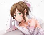  1girl bare_shoulders blush bow bridal_veil brown_hair commentary_request dress earrings elbow_gloves flower gloves green_eyes hair_flower hair_ornament hand_in_hair hand_on_own_face head_rest idolmaster idolmaster_cinderella_girls idolmaster_cinderella_girls_starlight_stage jewelry looking_at_viewer looking_to_the_side maekawa_miku necklace short_hair simple_background sleeveless sleeveless_dress smile solo sparkle star takeya_y0615 tied_hair veil wedding_dress white_background white_dress white_gloves 