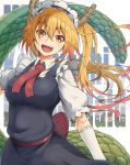 1girl blonde_hair breasts dragon_girl dragon_horns dragon_tail highres horns kobayashi-san_chi_no_maidragon large_breasts long_hair long_tail looking_at_viewer maid maid_headdress open_mouth shunga_(shun608) slit_pupils solo tail tooru_(maidragon) twintails