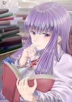  1girl absurdres book book_stack dated eyes_visible_through_hair hair_ribbon hand_on_own_cheek highres light_frown long_hair long_sleeves no_hat no_headwear open_book patchouli_knowledge purple_hair reading ribbon robe rushian sidelocks signature solo touhou tress_ribbon violet_eyes 