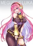  1girl armlet belt blue_eyes blush breasts buckle character_name detached_sleeves english eyelashes gradient gradient_background hair_between_eyes headphones highres large_breasts long_hair megurine_luka navel open_mouth pink_hair shiny shiny_clothes shiny_hair shiny_skin simple_background skirt smile solo sparkling_eyes text vocaloid 