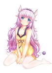  1girl absurdres between_legs blue_eyes blush bow breasts cleavage closed_mouth collarbone dragon_girl dragon_horns dragon_tail eyebrows_visible_through_hair frills full_body hairband hand_between_legs head_tilt highres horns kanna_kamui kobayashi-san_chi_no_maidragon lavender_hair lingerie long_hair looking_up medium_breasts negligee older own_hands_together siki2046 simple_background sitting smile solo tail thigh-highs underwear v_arms very_long_hair wariza white_background white_legwear 